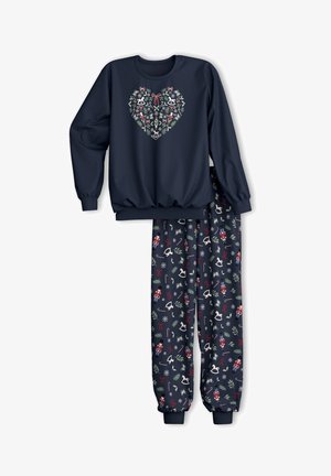 Ensemble de pyjama marine comprenant un sweatshirt décoratif avec un motif de cœur et un pantalon à motifs avec des casse-noisettes, des rubans et des flocons de neige.