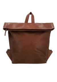 Brown leather backpack with a roll-top design, flat handle, and adjustable shoulder straps. Smooth texture with side accent panels.
