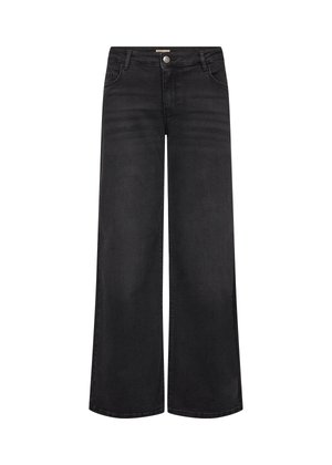Schwarze weit geschnittene Jeans aus Denim mit hoher Taille, fünf Taschen und Knopfverschluss. Glatte Textur mit minimaler Ausbleichung.