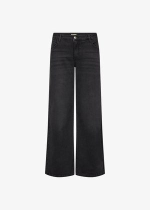 Črne široke kavbojke iz denima, z visokim pasom, petimi žepi in zapenjanjem na gumb. Gladka tekstura z minimalnim zbledeljem.