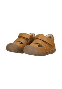 Braune Lederschuhe mit zwei verstellbaren Klettverschlüssen, runden Zehen und ausgeschnittenen Seiten. Gummisohlen bieten Halt und Langlebigkeit.