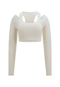Top sportivo a maniche lunghe e corto in tessuto a coste di un beige chiaro. Presenta un collo a doppio strato e spalle scoperte per una maggiore traspirabilità.