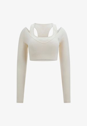 Long-sleeve, cropped sports top in light beige ribbed fabric. Features a double-layered neckline and open shoulders for breathability.