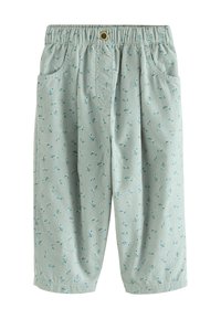 Helle grüne Baumwollhose mit elastischem Bund, versehen mit einem blauen Blumenmuster und zwei Seitentaschen.