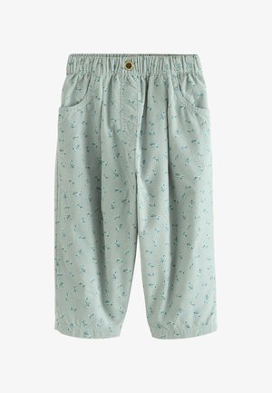 Světle zelené kalhoty z bavlny s elastickým pasem, s květinovým vzorem v modré barvě a dvěma bočními kapsami.