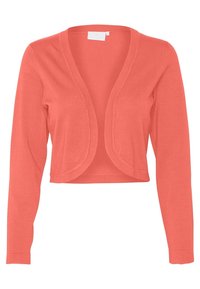 Cardigan court rose corail avec manches longues et devant ouvert, présentant un ourlet arrondi et sans boutons ni fermetures.