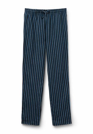 Navy blue pajama pants with vertical light blue stripes. Elastic waistband with adjustable drawstring. Soft fabric texture, straight-leg design.