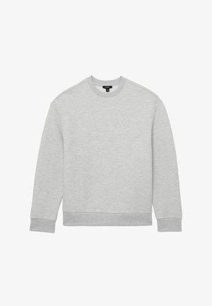 Jasnoszara bluza z okrągłym dekoltem, długimi rękawami oraz ściągaczami na rękawach i u dołu, położona płasko na białym tle.