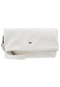 Clutch in pelle bianca con superficie texturizzata. Presenta un design pieghevole, un logo in accento argento e una tracolla rimovibile.
