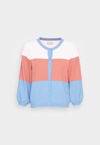 Button-up cardigan with a textured knit design; features horizontal blocks of light blue, white, and coral pink; round neck, puff sleeves.