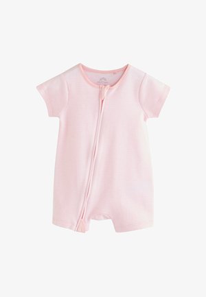 Heledad roosa lühikeste varrukatega beebiülikond valgete triipudega, esiküljel nupud ja pehme puuvilla tekstuur. Lihtne disain ümmarguse kaelusega.