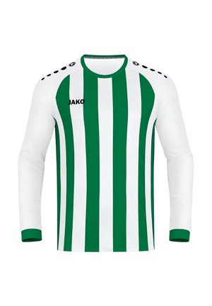 Koszulka sportowa z długim rękawem, z pionowymi zielonymi i białymi pasami, białymi rękawami, zielonymi ściągaczami i czarnym logo JAKO na piersi.