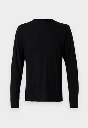Black long-sleeve shirt with a round neck. Made of soft fabric, features a simple design and a standard fit without any visible patterns or accents.