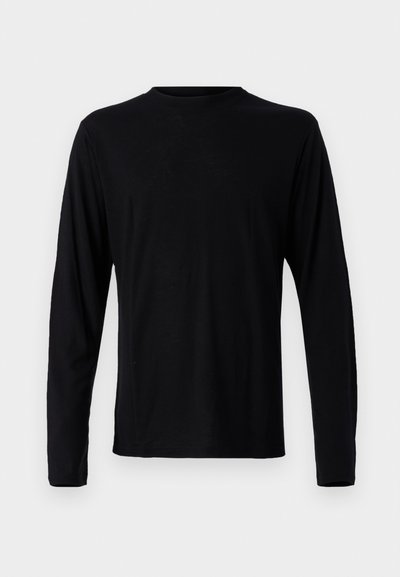 Μαύρο μπλούζα με μακριά μανίκια και στρογγυλή λαιμόκοψη. Φτιαγμένη από μαλακό ύφασμα, διαθέτει απλό σχέδιο και κανονική εφαρμογή χωρίς ορατά μοτίβα ή διακοσμήσεις.