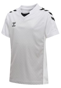 Weißes Sporttrikot mit kurzen Ärmeln, V-Ausschnitt, hexagonalem Muster und schwarzen Akzenten an den Schultern und dem Logo. Hergestellt aus atmungsaktivem Material.