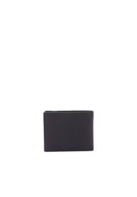 Portafoglio in pelle nera, design slim a due pieghe con texture liscia, con bordi cuciti e un compartimento aperto per un accesso facile.