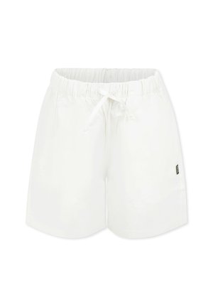 Pantaloni corti bianchi in vita elastica con cordoncino. Tessuto liscio, vestibilità casual e una piccola etichetta logo laterale. Design semplice, senza fantasie o dettagli aggiuntivi.