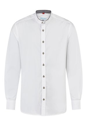 Chemise blanche à manches longues avec col officier, boutons visibles sur le devant et doublure intérieure du col grise.