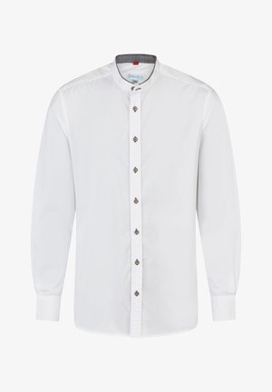Witte blouse met lange mouwen en opstaande kraag, zichtbare knopen aan de voorkant en grijze voering aan de binnenkant van de kraag.