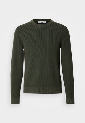 Dunkelgrüner Strickpullover mit gerippter Struktur, Rundhalsausschnitt und langen Ärmeln. Verfügt über einen sauber verarbeiteten Saum und Bündchen.