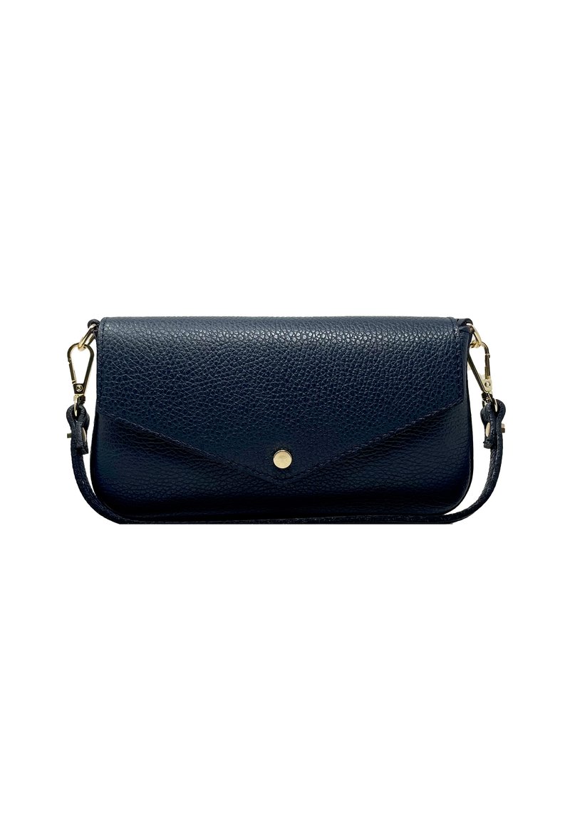 Clutch in pelle blu navy con finitura testurizzata, chiusura a pulsante dorato e tracolla staccabile per maggiore versatilità. Design semplice ed elegante.
