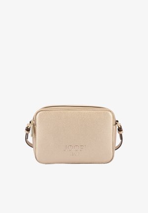 Bež pravokotna torbica čez ramo z teksturirano površino, zlatim zadrgo, nastavljivim trakom in reliefnim logotipom "JOOP! JEANS" na sprednji strani.