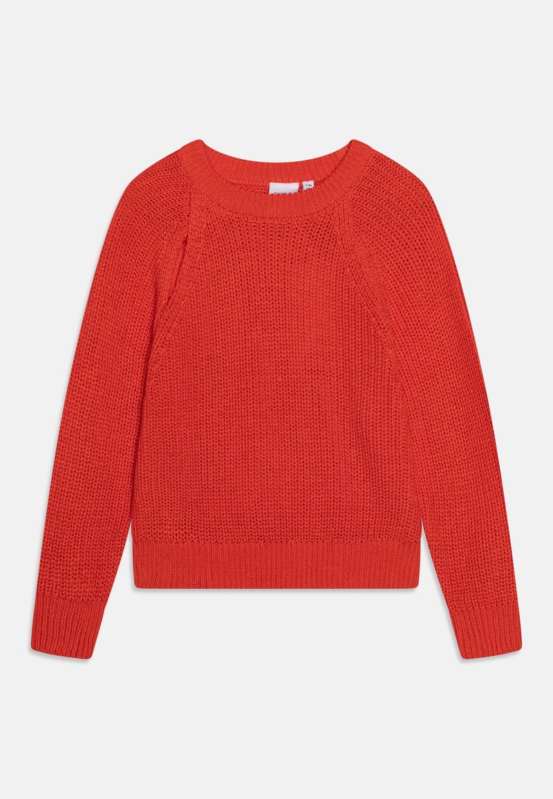 Pull tricoté rouge à manches longues et col rond, avec un motif gaufré texturé et des poignets et un ourlet côtelés.