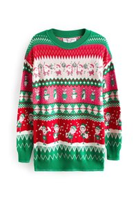 Pull de Noël avec des motifs verts, rouges et blancs représentant le Père Noël, des bonhommes de neige, des pingouins, des rennes, des notes de musique et des elfes festifs jouant d'instruments.