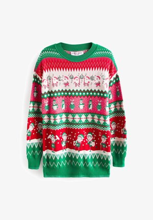 Christmas sweater with green, red, and white patterns featuring Santa, snowmen, penguins, reindeer, musical notes, and festive elves playing instruments.