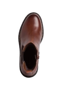 Braune Leder-Ankle-Boots mit einer strukturierten Oberfläche, runder Zehenpartie, seitlichen elastischen Einsätzen und einer kontrastierenden dunklen Sohle.