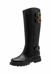 Black leather knee-high boots with two gold buckle accents, a rounded toe, and a textured rubber sole. Designed for durability and style.