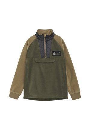 Pullover in pile, blocchi di colore verde oliva e khaki, colletto alto con pannello nero, chiusura con zip, tasca frontale, tessuto testurizzato.
