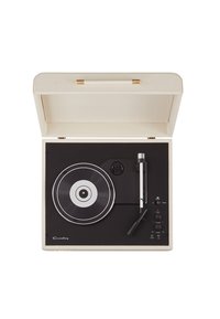 Portable cream-colored turntable with a textured exterior, black platter, silver tonearm, and control knobs for volume and pitch.