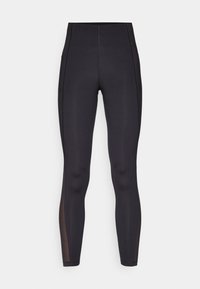 Black leggings made of stretchy fabric, featuring a high waistband and mesh panels along the sides for breathability and design detail.