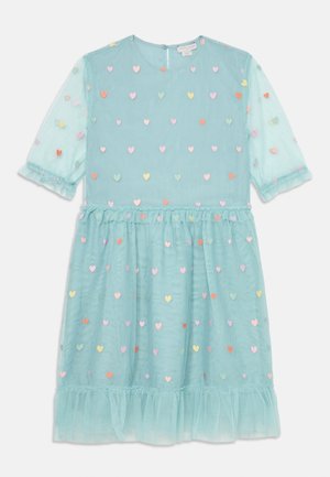 Light blue dress featuring short, puffed sleeves, a ruffled hem, and scattered multi-colored heart appliqués throughout.