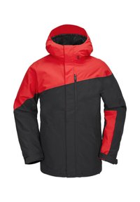 Rode en zwarte geïsoleerde jas met een capuchon, voorzien van een rits aan de voorkant, contrasterende mouwen en een gestructureerde afwerking.