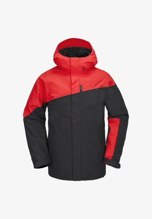 Veste isolée rouge et noire avec une capuche, dotée d'une fermeture éclair à l'avant, de manches contrastées et d'une finition texturée.