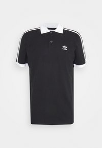 Svart Adidas polo skjorta med vit krage, ärmslut och tre vita ränder på axlarna och ärmarna, med Adidas-logotyp på bröstet.
