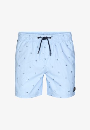 Bañador corto azul claro con pequeños patrones oscuros de langosta y un cordón negro en la cintura elástica.