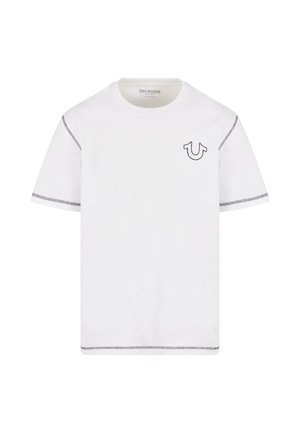 Witte katoenen T-shirt met ronde hals, korte mouwen, contrasterende zwarte stiksels en een klein geborduurd logo op de linkerborst.