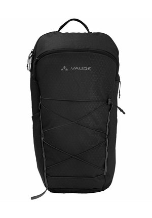 Schwarzer Vaude-Rucksack mit geometrischem Muster, ausgestattet mit einer Fronttasche mit Reißverschluss, verstellbaren Seitenträgern und einem Tragegriff an der Oberseite. Glatte Textur.