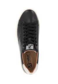 Schwarze Ledersneaker mit schwarzen Schnürsenkeln, weißer Sohle und hellbrauner Innenausstattung. Verfügt über ein Logo und strukturierte Akzente. Entworfen für Komfort.