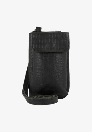 Pochette pour téléphone en cuir noir avec un motif crocodile texturé, fermeture éclair et sangle réglable. Design compact adapté pour transporter l'essentiel.