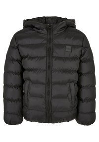 Giacca imbottita nera trapuntata con cappuccio, cerniera frontale, due tasche laterali e una piccola toppa rettangolare sul petto.