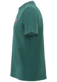 T-shirt en coton vert à manches courtes, col rond, avec une petite écusson logo sur la poitrine gauche. Texture lisse, coupe régulière.