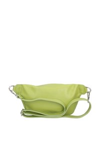 Groene leren handtas met een gladde textuur, ronde vorm, verstelbare schouderband en metalen hardware. Kenmerkt zich door een subtiel gestikt ontwerp.