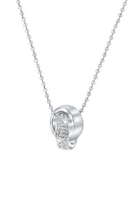 Zilveren hangende ketting met een verweven cirkelontwerp en een rij heldere edelstenen aan één kant, bevestigd aan een ketting van kralen.