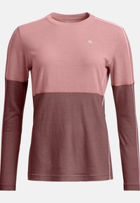 Long-sleeve top in pink and burgundy, featuring a color-block design with a crew neckline and subtle stitching accents. Soft texture.