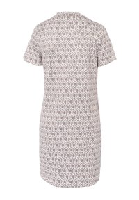 Robe à manches courtes en beige clair avec un motif géométrique crème, col rond et coupe décontractée, fabriquée dans un tissu doux.