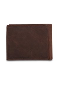 Bruine leren portemonnee met een gladde textuur, bi-fold ontwerp en zichtbare stiksels, voorzien van afgeronde randen voor een nette afwerking.